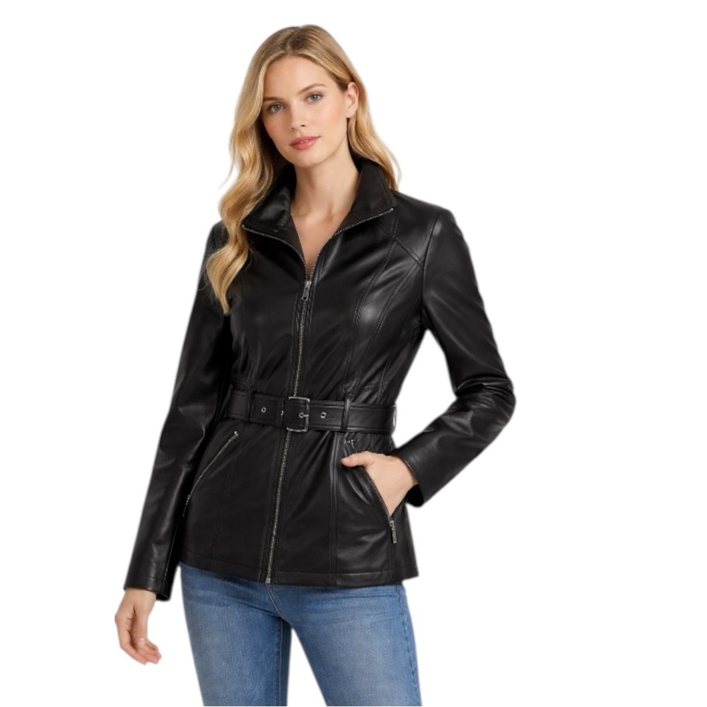 Kenneth Cole Faux Leather Jacket Women Size M Black Belted Zip